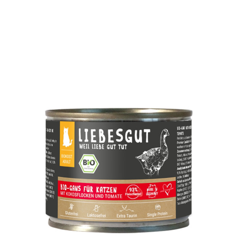 LIEBESGUT BIO GANS gęś z płatkami kokosowym i pomidorami dla kota 200g x 12 szt. LIEBESGUT BIO GANS gęś z płatkami kokosowym i pomidorami dla kota 200g x 12 szt.