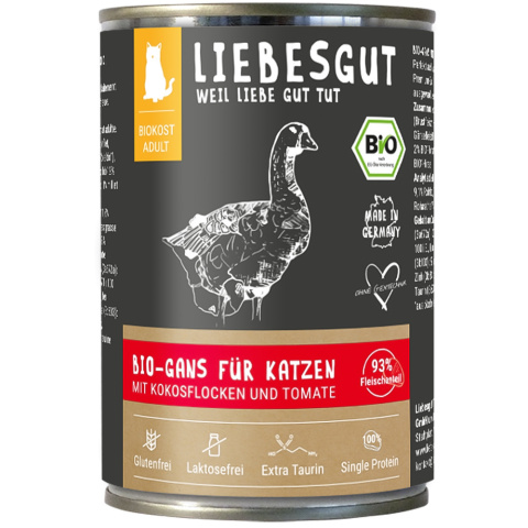 LIEBESGUT BIO GANS gęś z płatkami kokosowym i pomidorami dla kota 400g x 6 szt. LIEBESGUT BIO GANS gęś z płatkami kokosowym i pomidorami dla kota 400g x 6 szt.