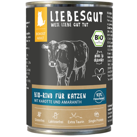 LIEBESGUT BIO RIND wołowina z marchewką ekologiczna dla kota 400g x 6 szt. LIEBESGUT BIO RIND wołowina z marchewką ekologiczna dla kota 400g x 6 szt.