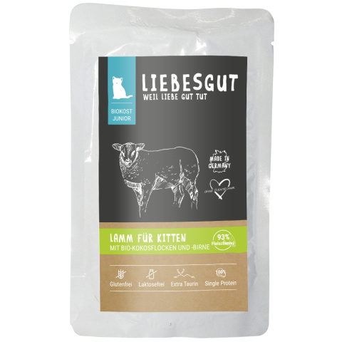 LIEBESGUT Junior Lamm mit Bio jagnięcina z płatkami kokosowymi i gruszką dla kociąt 100g x 12szt. LIEBESGUT Junior Lamm mit Bio jagnięcina z płatkami kokosowymi i gruszką dla kociąt 100g x 12szt.