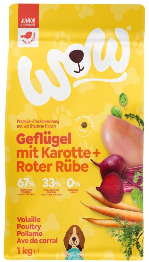 WOW MINI Junior Geflügel - drób i łosoś z marchewką i buraczkami dla szczeniąt małych ras 1kg WOW MINI Junior Geflügel - drób i łosoś z marchewką i buraczkami dla szczeniąt małych ras 1kg