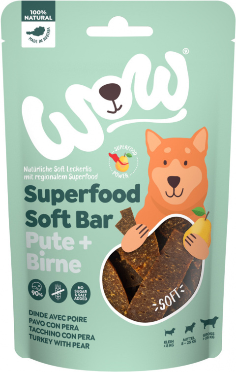 WOW Superfood Soft Bar Pute mięso indyka z gruszką miękkie przysmaki dla psa 150g WOW Superfood Soft Bar Pute mięso indyka z gruszką miękkie przysmaki dla psa 150g