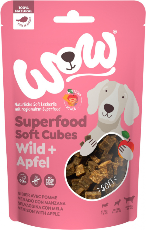 WOW Superfood Soft Cubes Wild dziczyzna z jabłkiem miękkie przysmaki dla psa 150g WOW Superfood Soft Cubes Wild dziczyzna z jabłkiem miękkie przysmaki dla psa 150g
