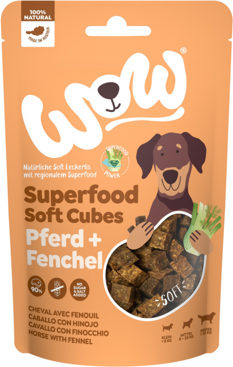 WOW Superfood Soft Cubes Pferd konina z koprem włoskim miękkie przysmaki dla psa 150g WOW Superfood Soft Cubes Pferd konina z koprem włoskim miękkie przysmaki dla psa 150g
