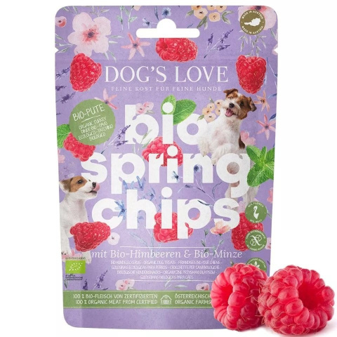 DOG'S LOVE Bio Springs Chips Pute - wiosenne przysmaki z indyka ekologicznego z malinami i miętą 150g