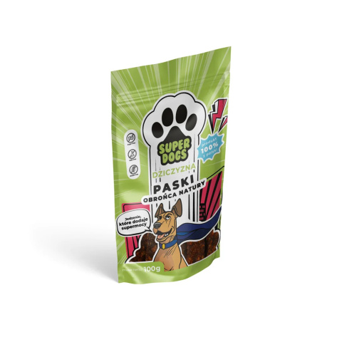 SUPERDOGS Obrońca Natury Paski z dziczyzny dla psa 100g SUPERDOGS Obrońca Natury Paski z dziczyzny dla psa 100g