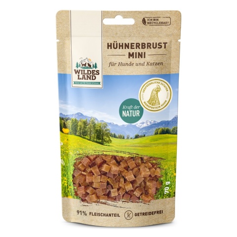 WILDES LAND Hühnerbrust MINI - filet z piersi kurczaka MINI kosteczki - przysmaki mięsne dla psa i kota 70g WILDES LAND Hühnerbrust MINI - filet z piersi kurczaka MINI kosteczki - przysmaki mięsne dla psa i kota 70g