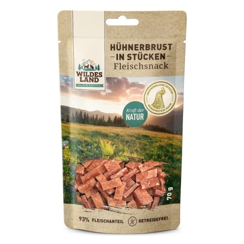 WILDES LAND Hühnerbrust in Stücken - filet z piersi kurczaka w kawałkach - przysmaki mięsne dla psa i kota 70g WILDES LAND Hühnerbrust in Stücken - filet z piersi kurczaka w kawałkach - przysmaki mięsne dla psa i kota 70g