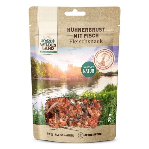 WILDES LAND Hühnerbrust mit Fisch - filet piersi kurczaka z rybkami - przysmaki mięsne dla psa i kota 70g WILDES LAND Hühnerbrust mit Fisch - filet piersi kurczaka z rybkami - przysmaki mięsne dla psa i kota 70g