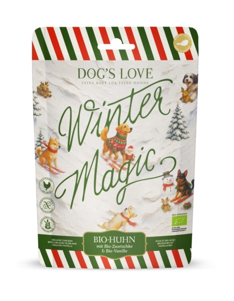 DOG'S LOVE Winter Magic BIO Chips 150 g – świąteczne przysmaki dla psa z kurczakiem, śliwką i wanilią, edycja 2026