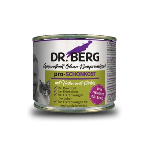 Dr. BERG Pro-SCHONKOST kurczak z dynią 200 g x 6 szt. – karma weterynaryjna dla kota na problemy żołądkowo-jelitowe