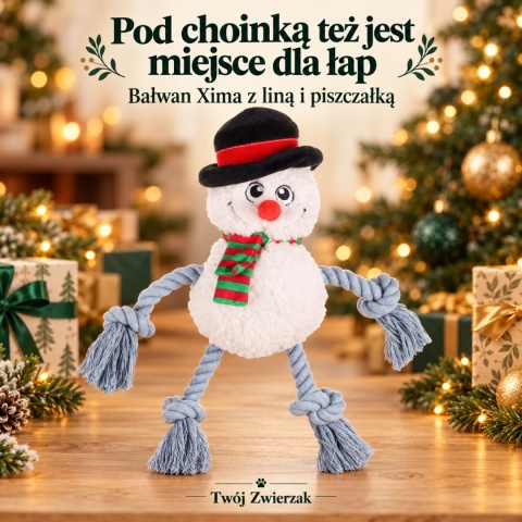 Flamingo Xima Bałwan z liną 28 cm – świąteczna zabawka dla psa z piszczałką z piszczałką