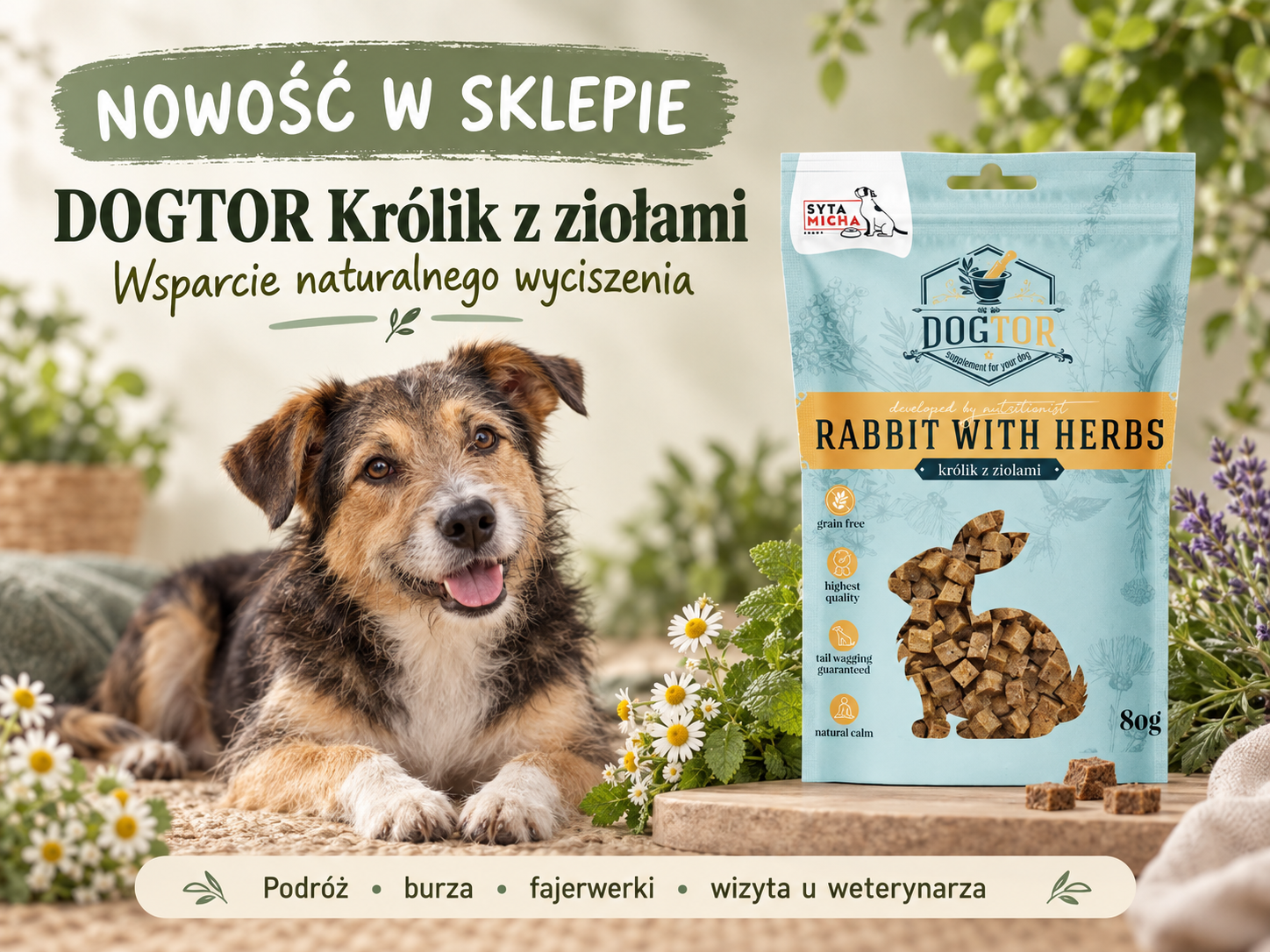 Uspokajające przysmaki dla psa z królikiem i ziołami – kiedy mogą pomóc?
