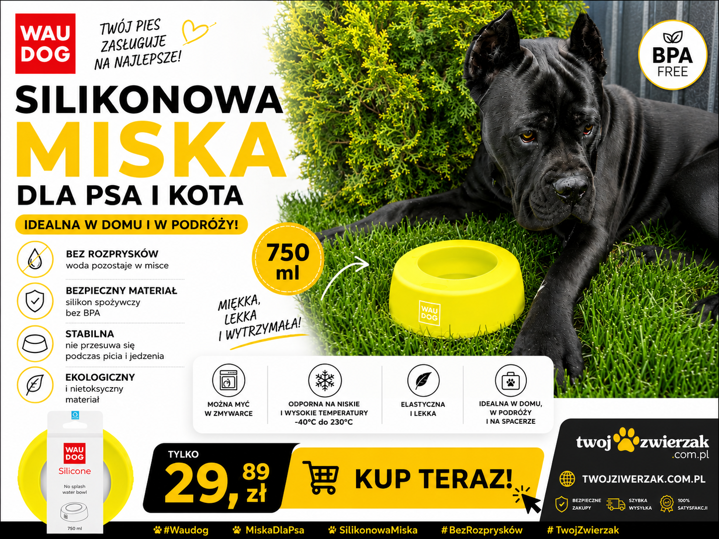 Miska niewysypka dla psa i kota WAUDOG – silikonowa miska podróżna