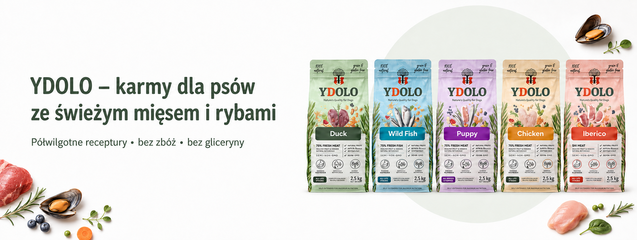YDOLO – półwilgotne karmy dla psów Duck, Wild Fish, Puppy, Chicken i Iberico