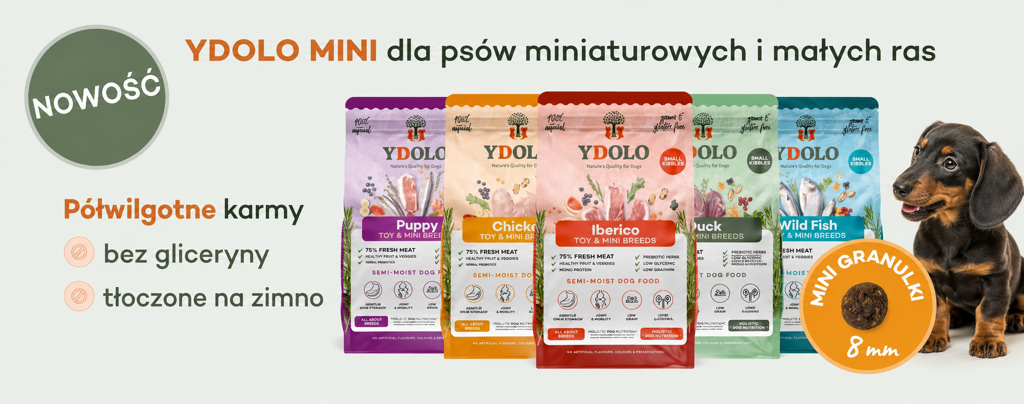 YDOLO MINI – półwilgotne karmy dla małych psów z granulką 8 mm